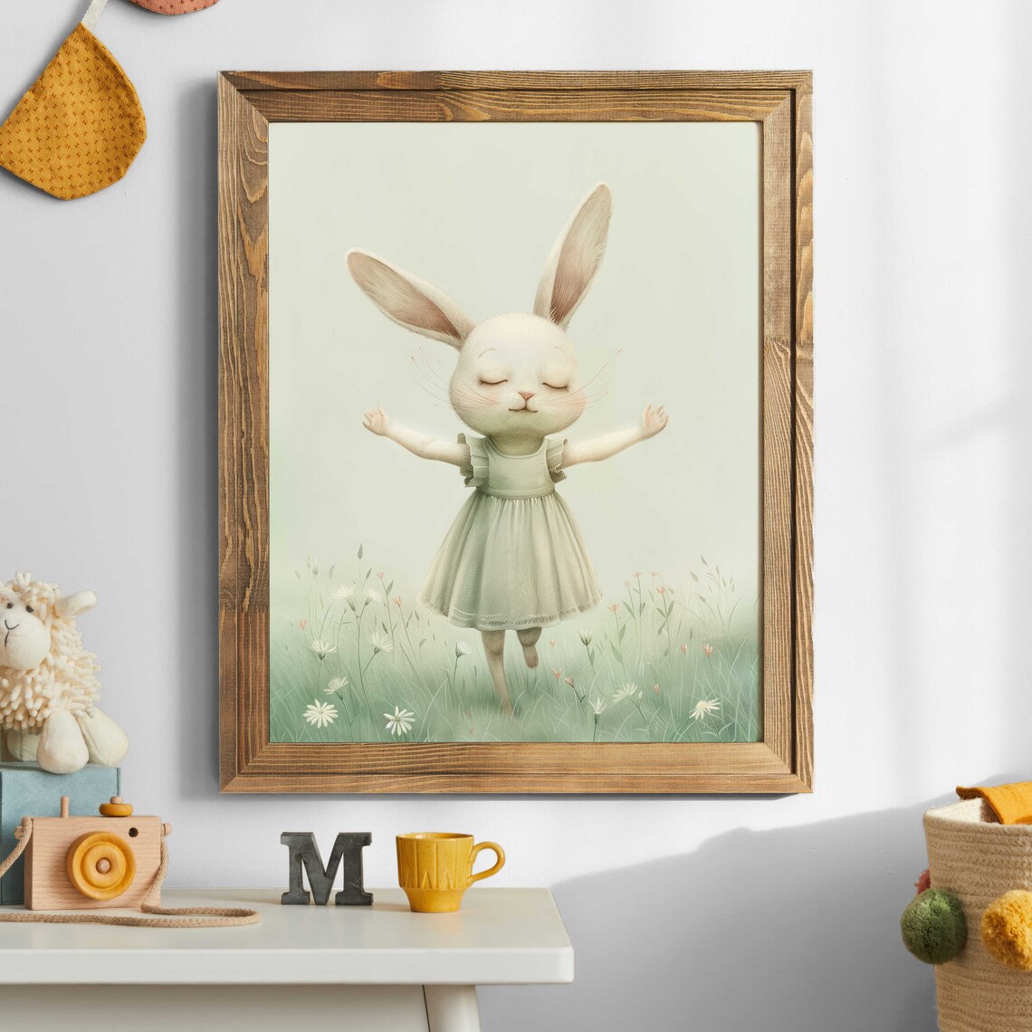 Happy White Bunny In Sage Dress Wildflower Meadow Nursery Poster - Image 2