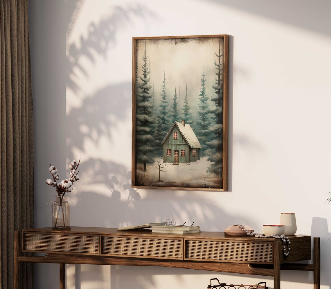 Snowy Cabin in Misty Pine Forest Winter Landscape Art Poster - Image 2