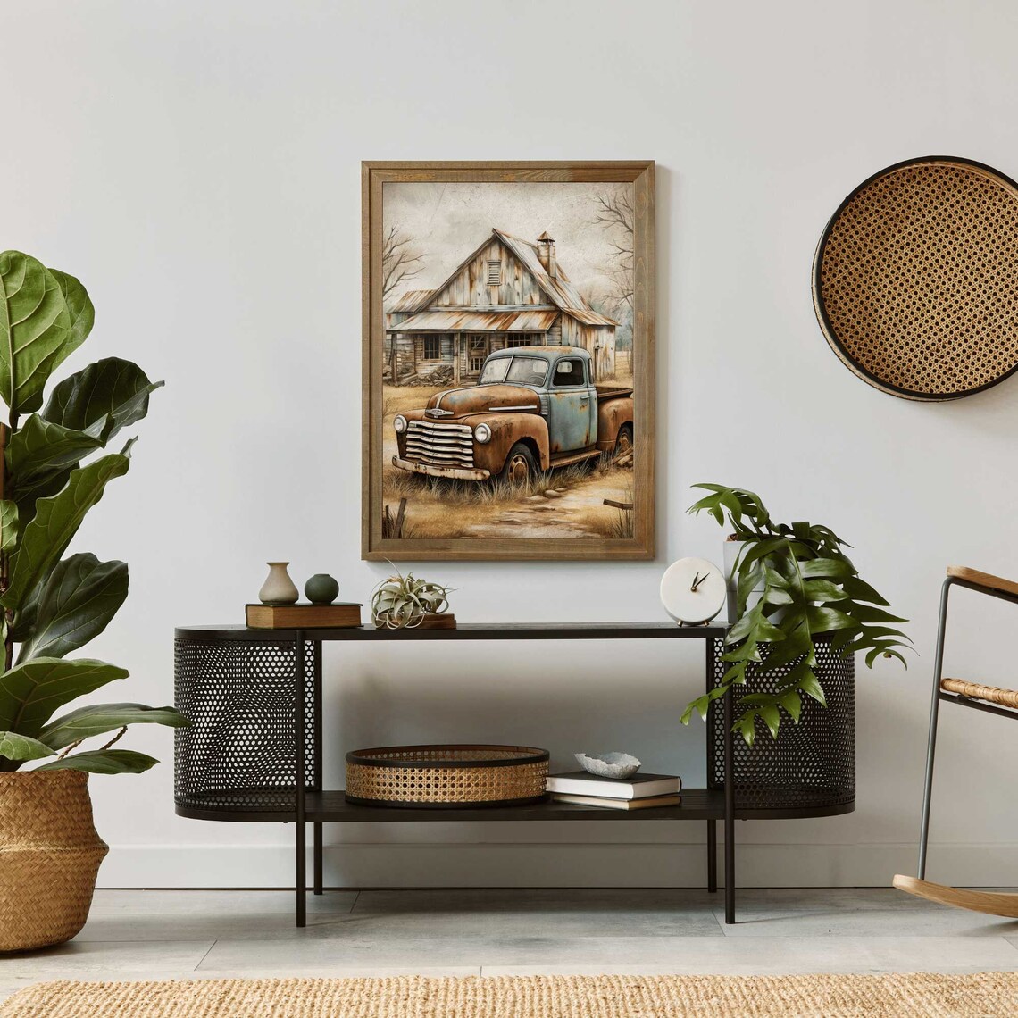 Rusty Vintage Teal Pickup Truck at Old Barn Farmhouse Poster - Image 2