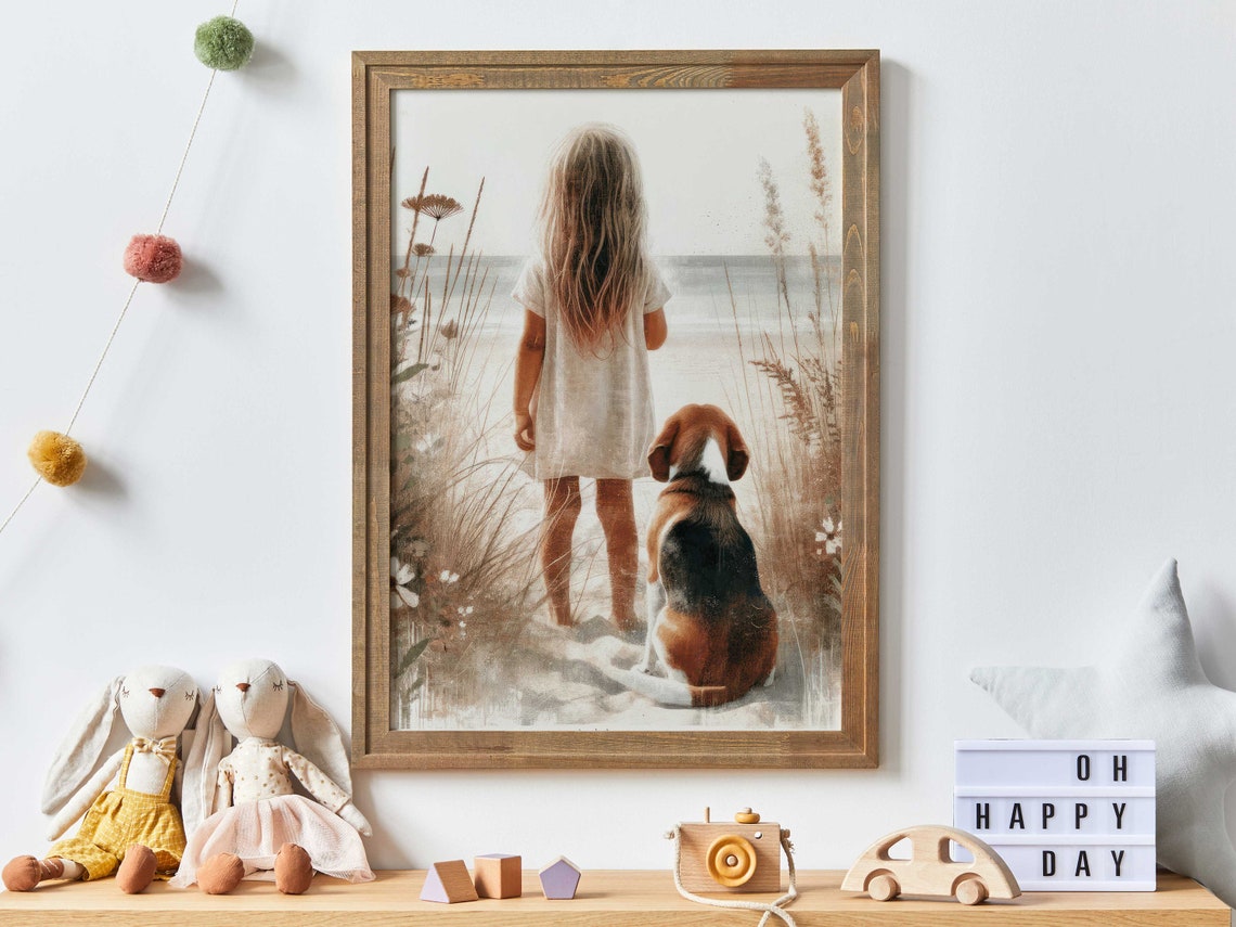 Little Girl and Beagle Looking Out at the Ocean Dunes Poster