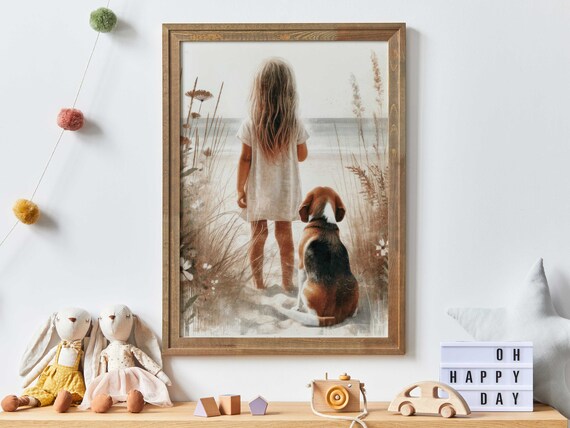 Little Girl and Beagle Looking Out at the Ocean Dunes Poster