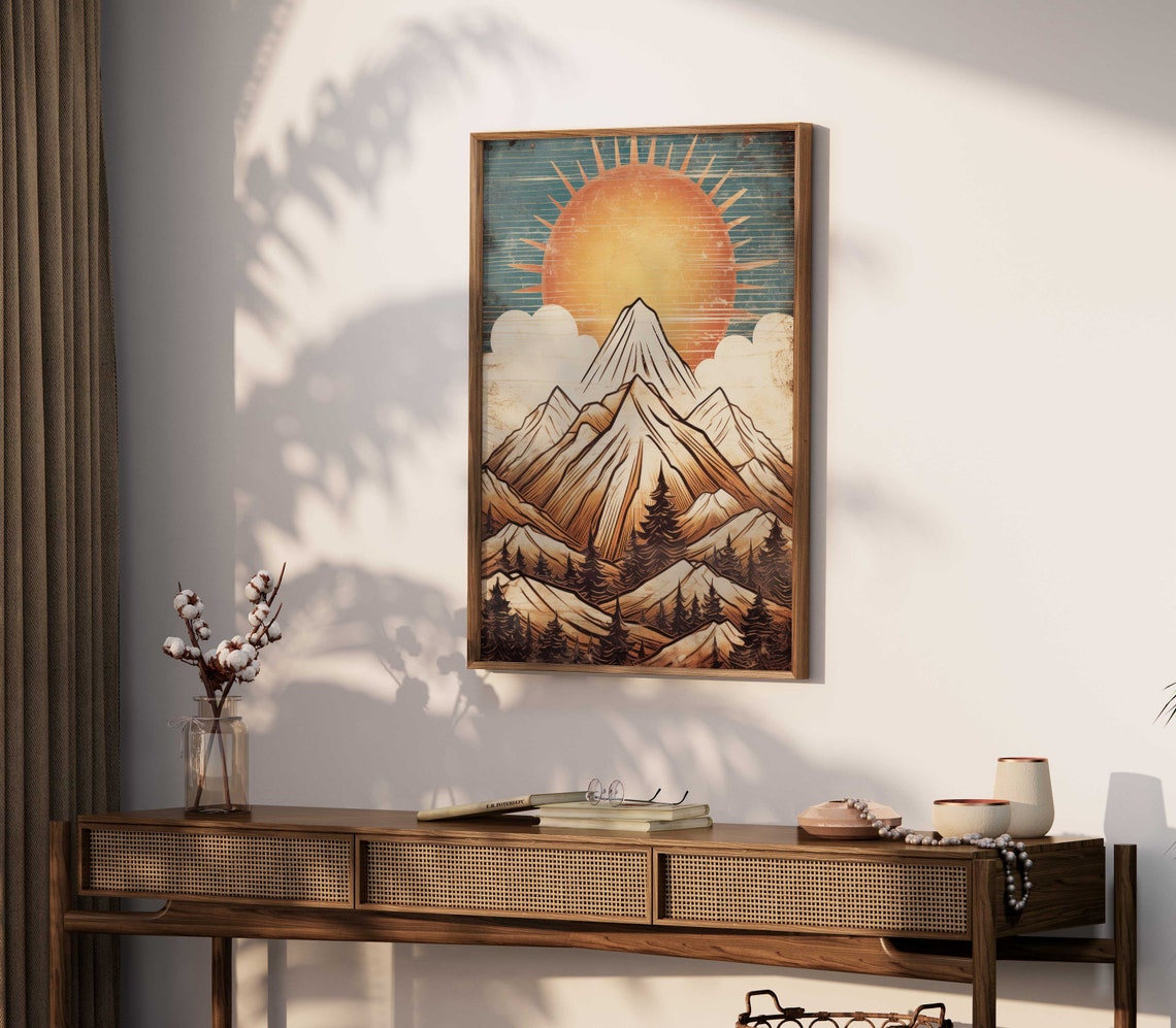 Retro Boho Snow Capped Mountain Peaks Under a Blazing Sun Poster - Image 2