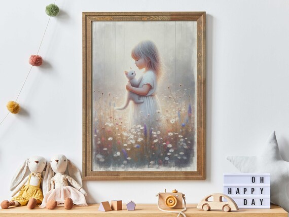 Little Girl Hugging White Cat In Wildflower Field Nursery Poster