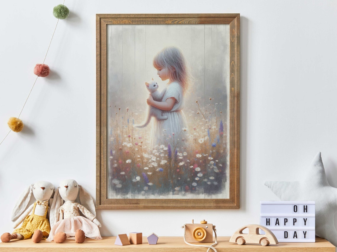 Girl And Cat Print White Cat Nursery Decor Cat Art Wildflower Nursery Girls Room Decor Floral Nursery Decor Girl Wall Art