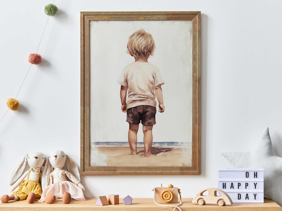 Little Boy Gazing at the Ocean Beach Nursery Kids Room Art Poster