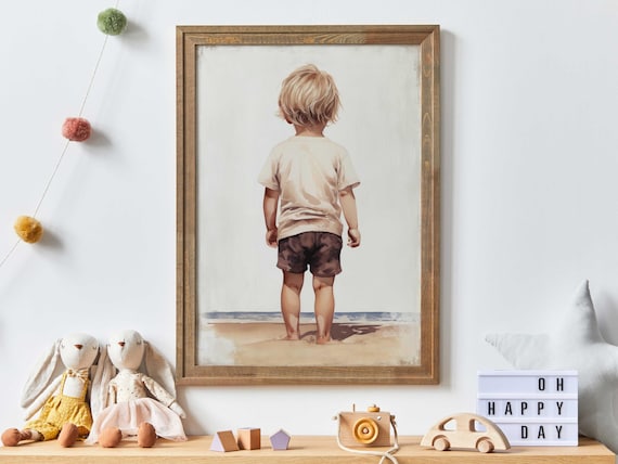 Little Boy Gazing at the Ocean Beach Nursery Kids Room Art Poster