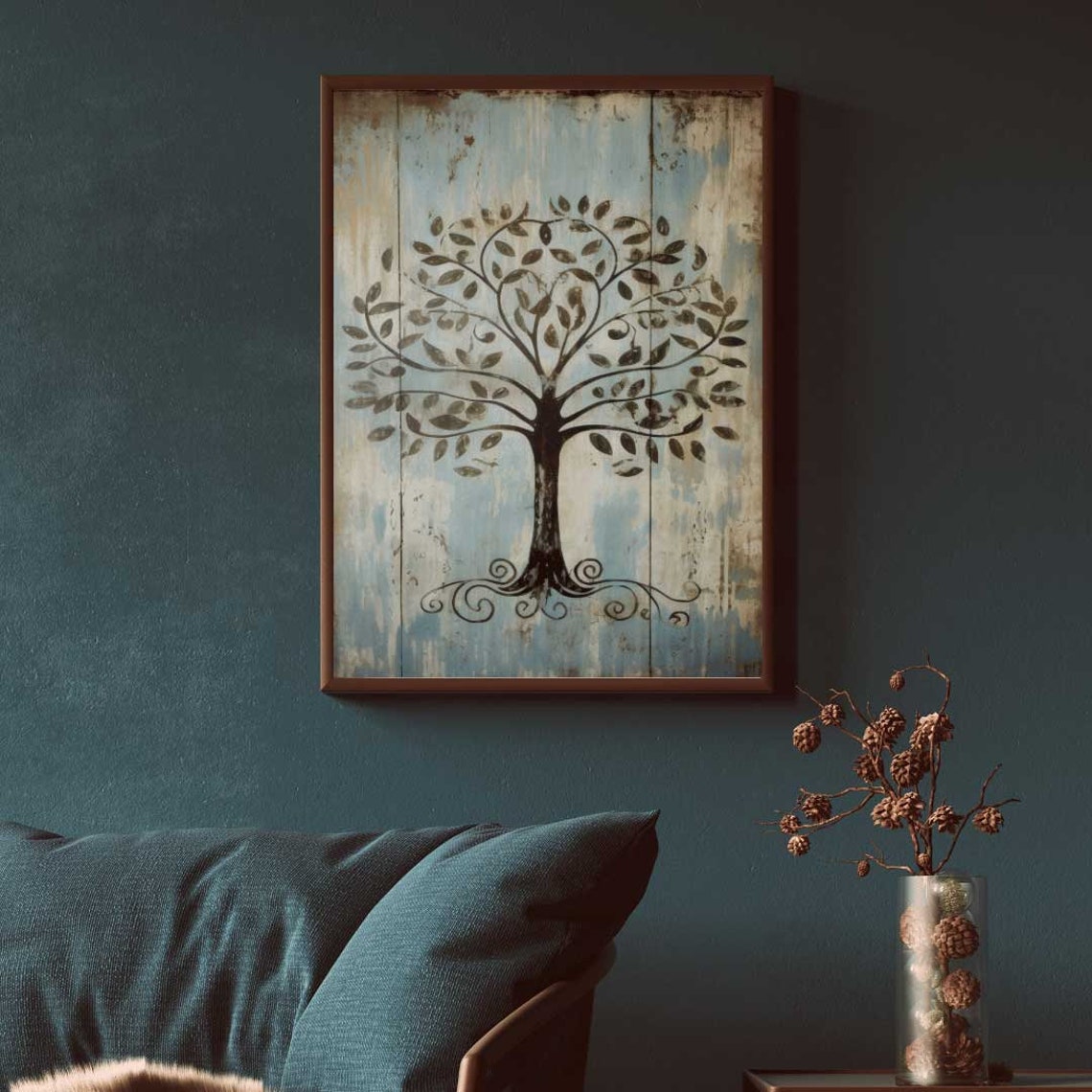 Tree of Life on Distressed Blue Wood Rustic Farmhouse Wall Poster - Image 2