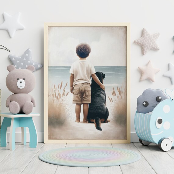 Sweet Little Boy And His Big Black Dog Gazing At The Sea Poster