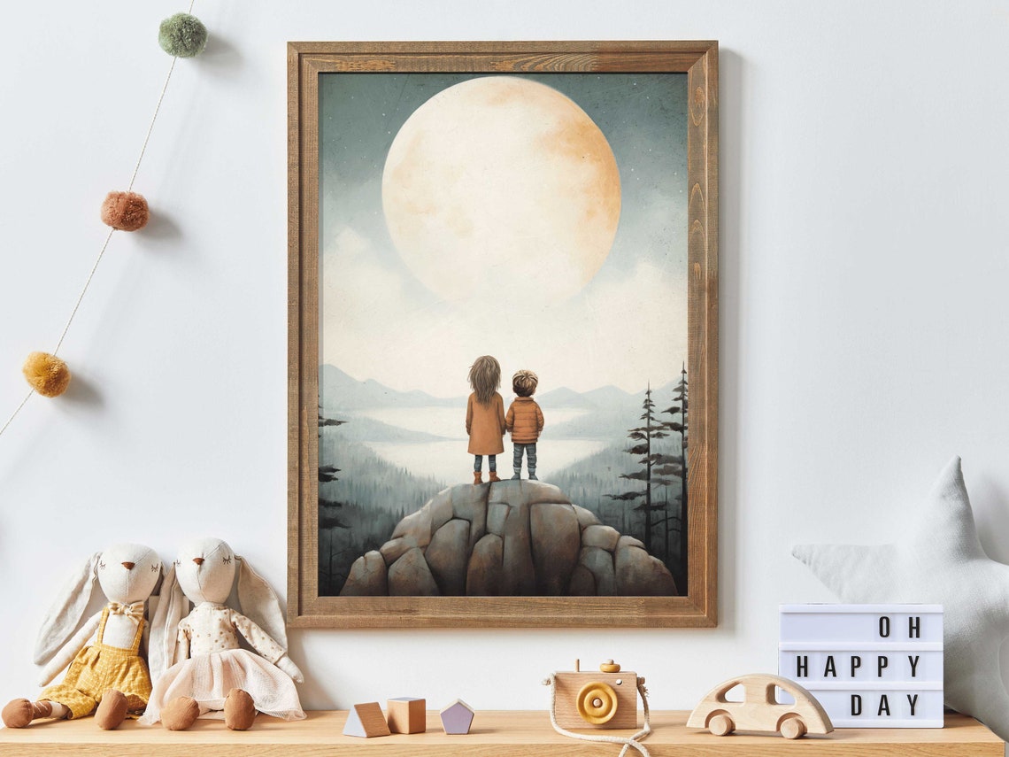 Two Young Siblings Standing On Rocky Peak Under Giant Moon Poster