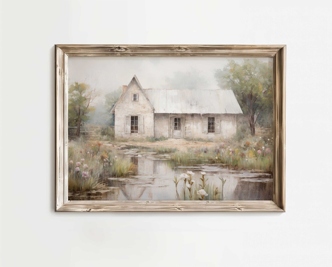 French Country Cottage Poster Whitewashed House by Tranquil Lily Pond