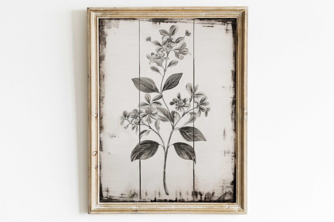 Monochrome Botanical Stem Distressed Farmhouse Floral Poster