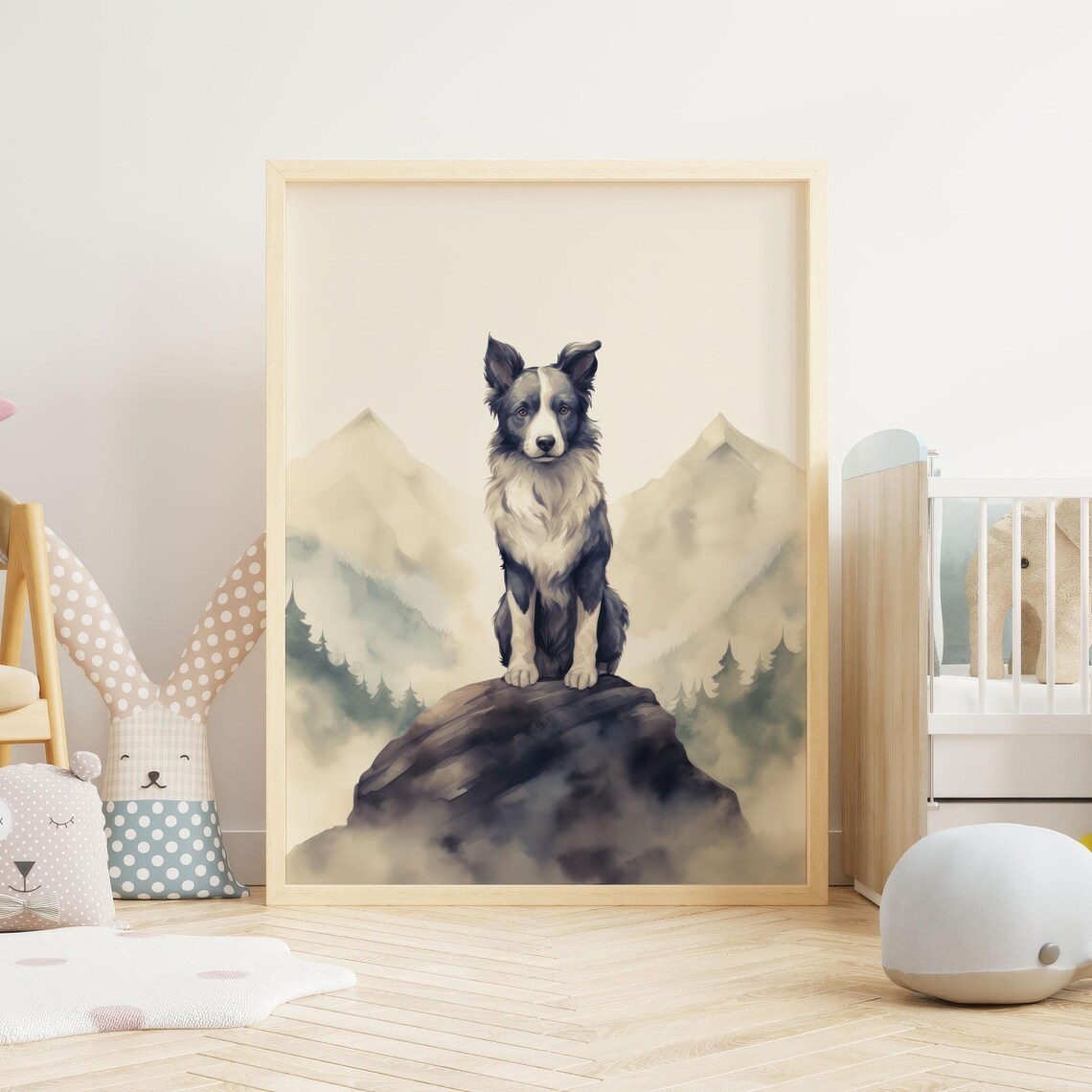 Border Collie Sitting on a Rock with Mountain View Nursery Art Poster - Image 2