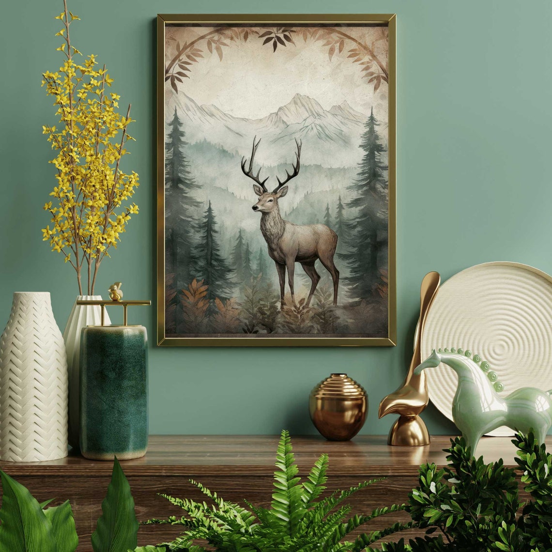 Majestic Stag in a Misty Mountain Forest Vintage Nature Wall Poster - Image 2