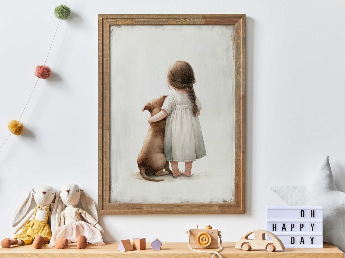 Little Girl Hugging Her Dog Tender Watercolor Nursery Art Poster