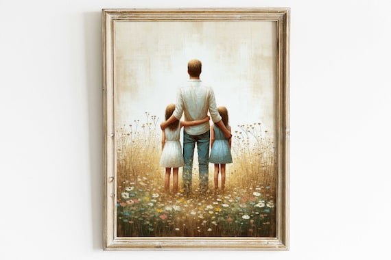 Dad with Two Daughters in Wildflower Field Tender Family Love Poster