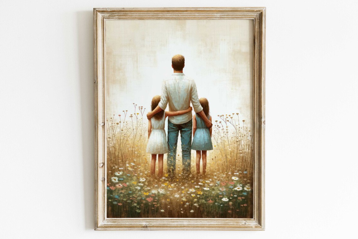Dad with Two Daughters in Wildflower Field Tender Family Love Poster