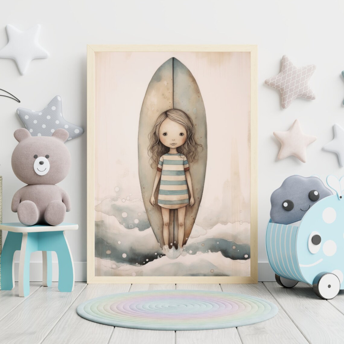 Little Girl In Striped Dress With Surfboard At The Beach Nursery Print - Image 2
