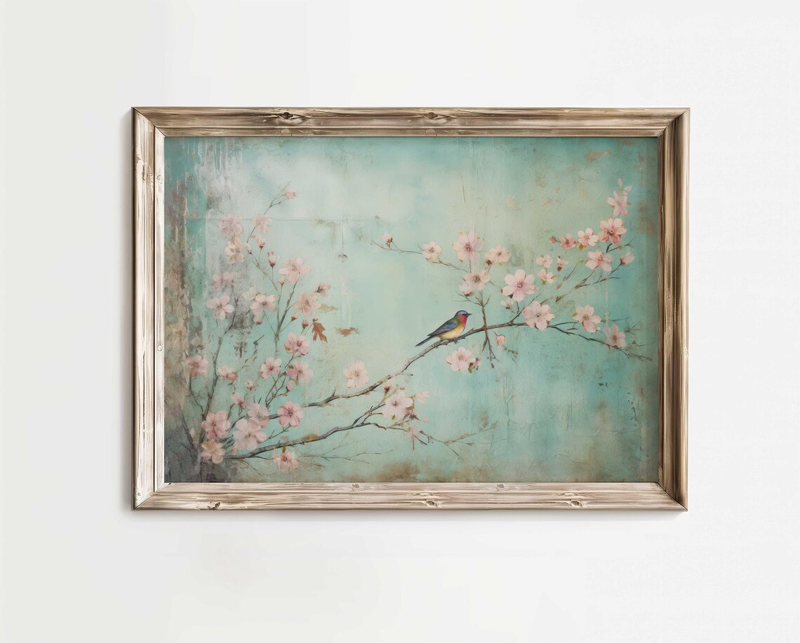 Cherry Blossom Bird Print, Vintage Rustic Floral Art