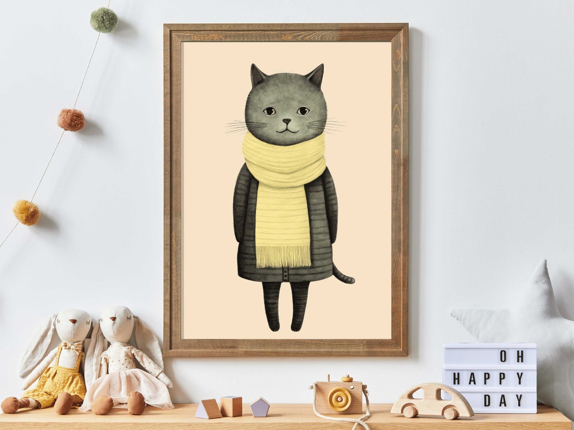 Whimsical Gray Cat in a Yellow Scarf Cozy Winter Animal Poster