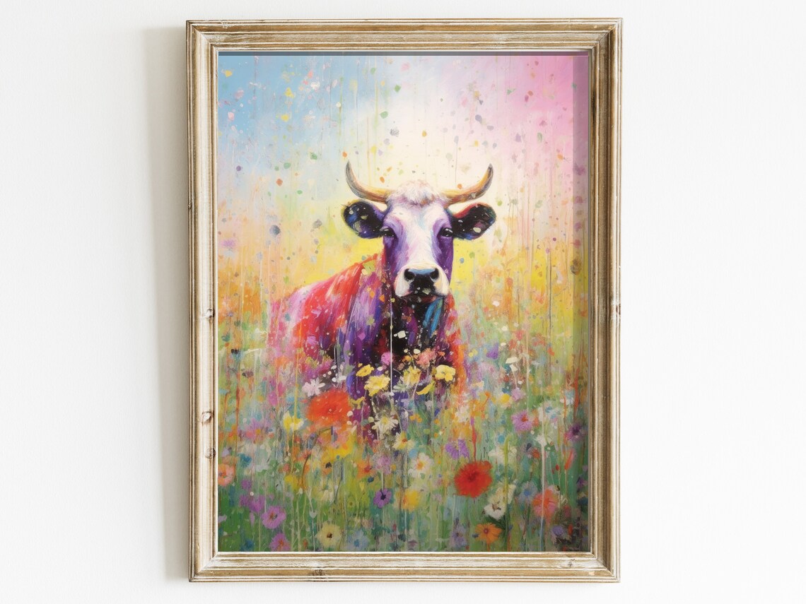 Colorful Impressionist Bull in Wildflower Meadow Farmhouse Poster