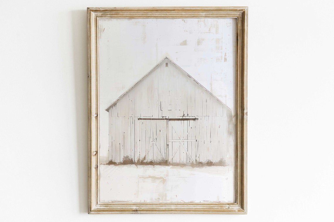 Minimalist White Barn Painting On Cream Distressed Vintage Farm Poster