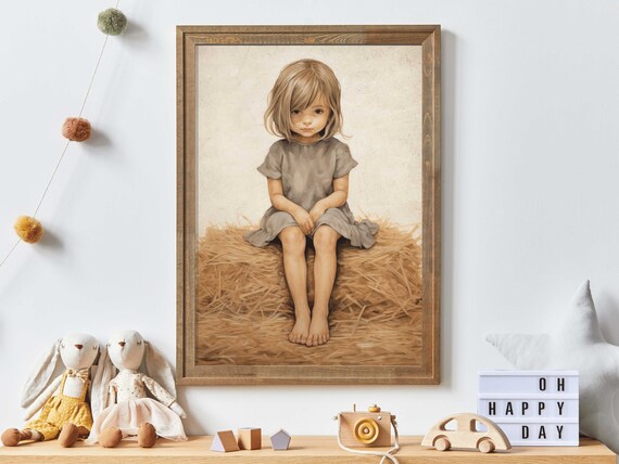 Little Girl Sitting Barefoot on a Hay Bale Farm Nursery Poster