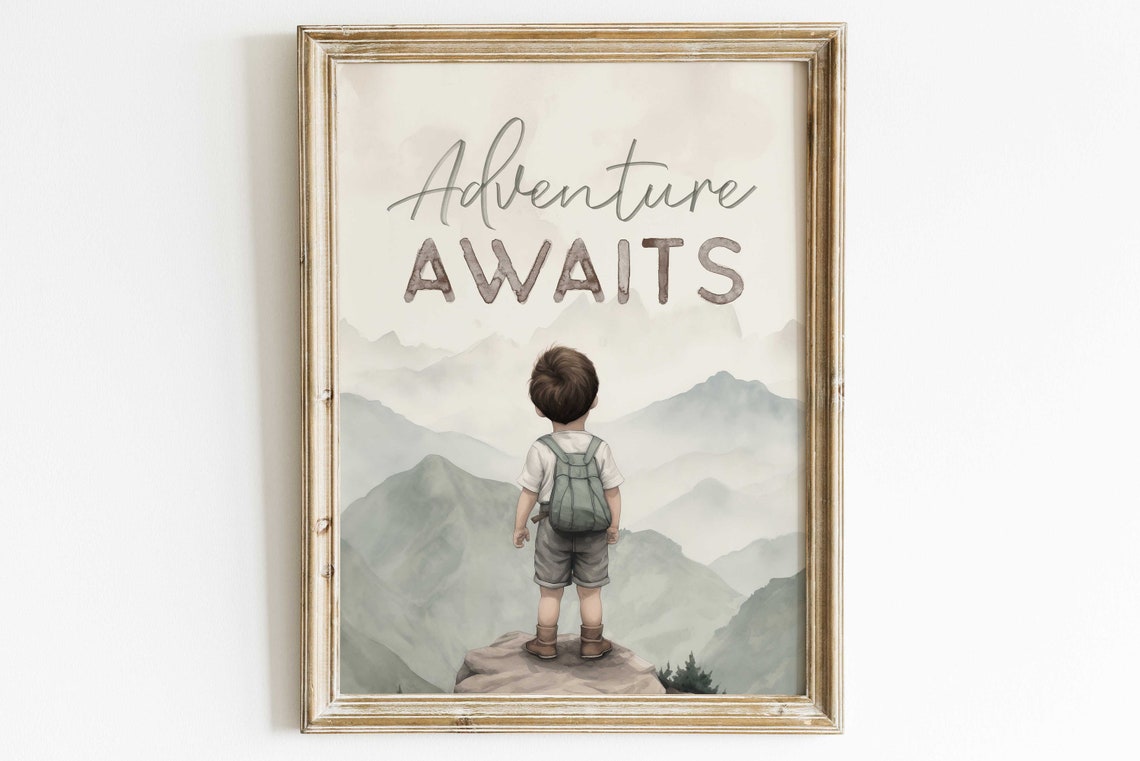Adventure Awaits Quote Poster Boy Explorer Facing Misty Mountain Peaks - Image 2