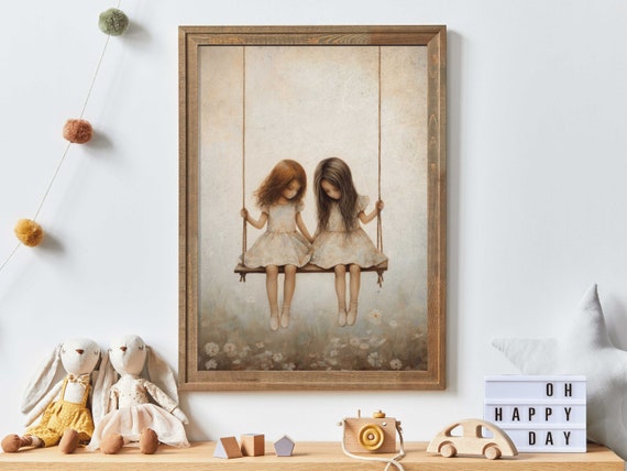 Vintage Girls On Swing Art Print, Girls Room Decor