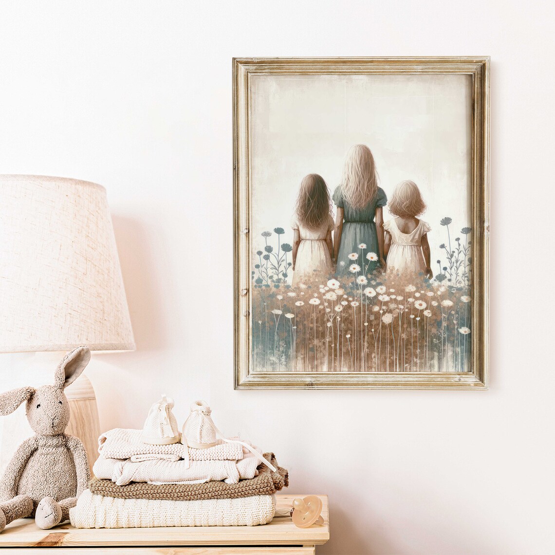 Three Sisters Standing In A Wildflower Field Soft Vintage Nursery Poster - Image 2