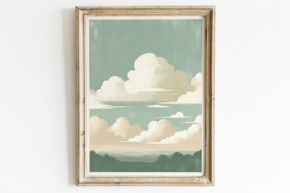 Vintage Cloud Print Sage Green Wall Art Heaven Print Rustic Home Decor Cloud Art Print Sky Painting Green Wall Decor