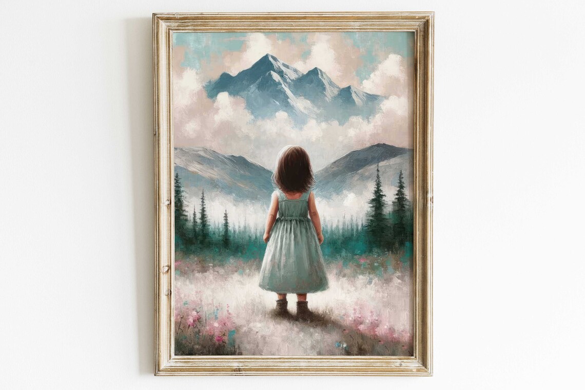 Little Girl Facing Snowy Mountains Poster Sage Dress Watercolor Decor