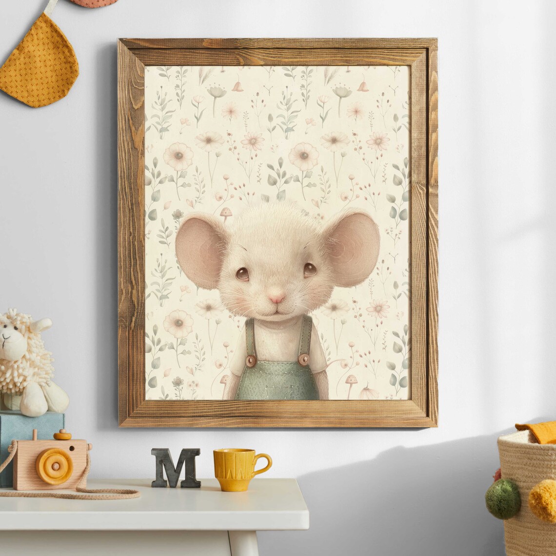 Cute Little Baby Mouse In Overalls On Floral Background Poster - Image 2
