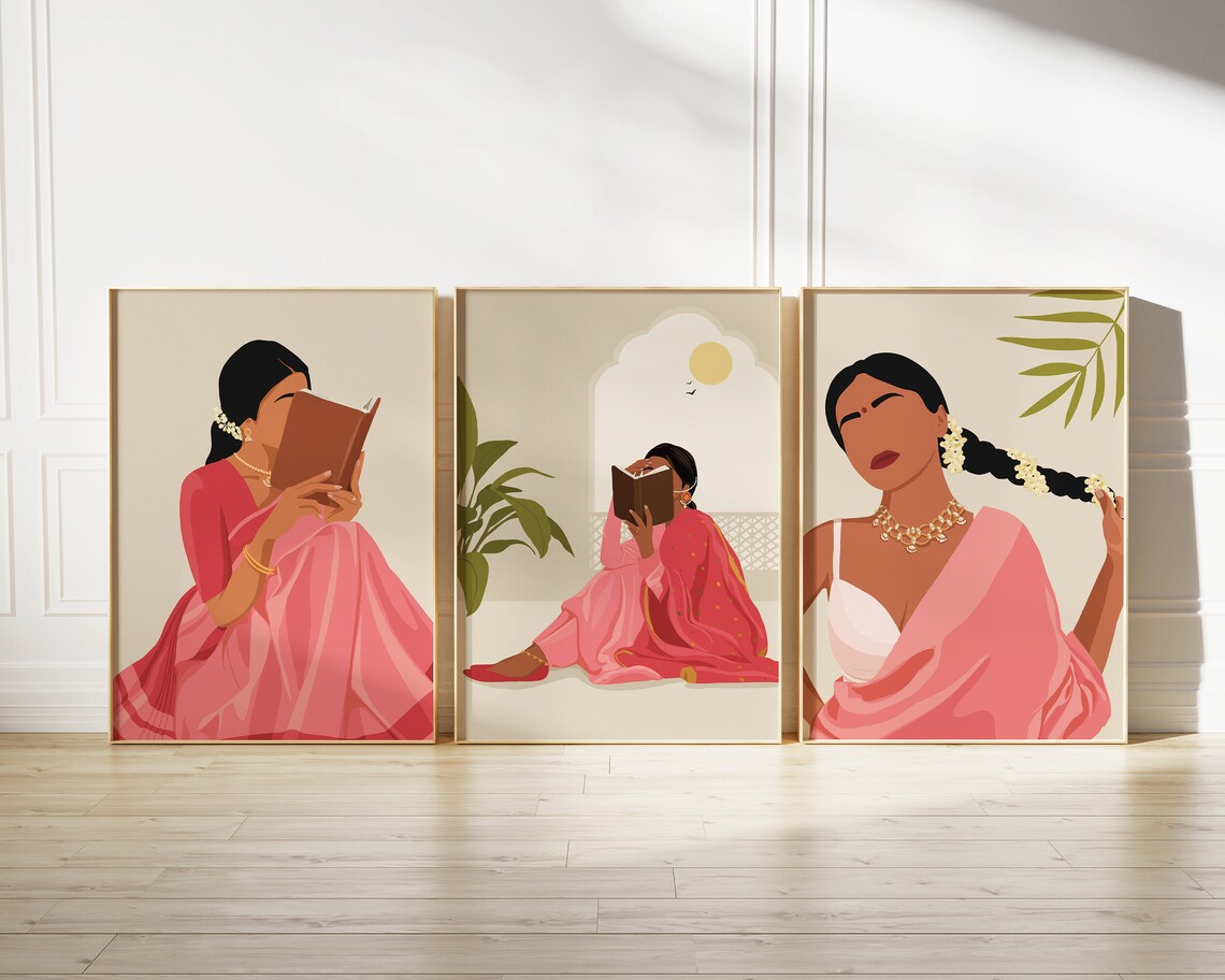 Modern Indian Woman in Saree Art Print, Desi Decor - Image 3