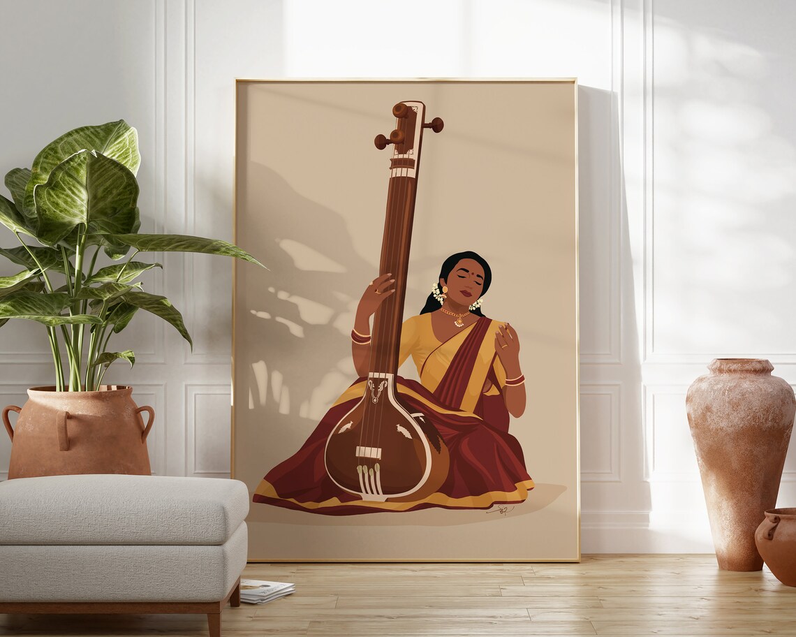 Indian Woman Playing Tanpura, Desi Music Art Print - Image 4