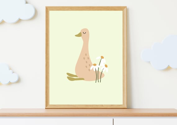 Cute Beige Goose with Daisies Pastel Nursery Kids Room Wall Art