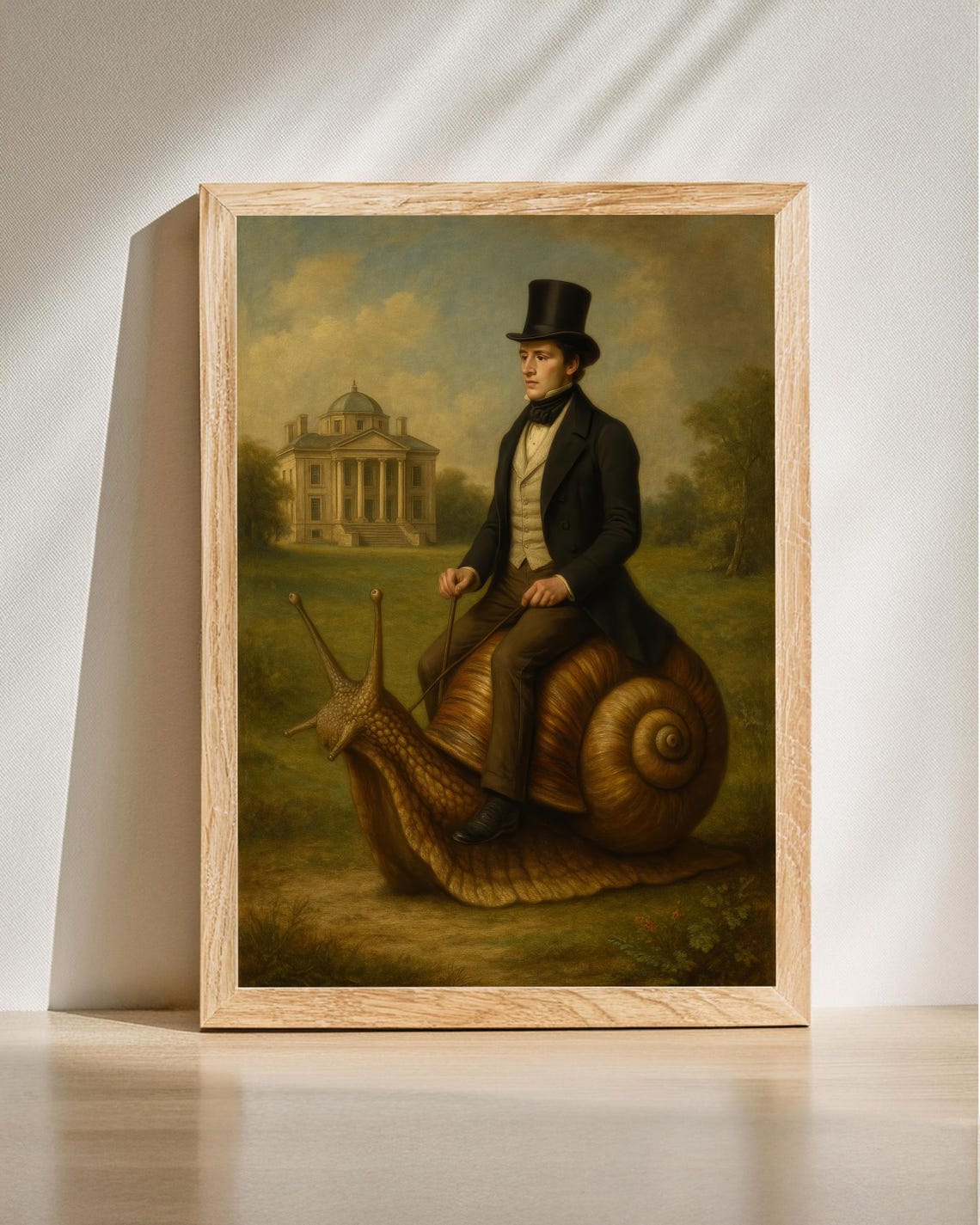 Regency Gentleman Riding Giant Snail Quirky Portrait Wall Art