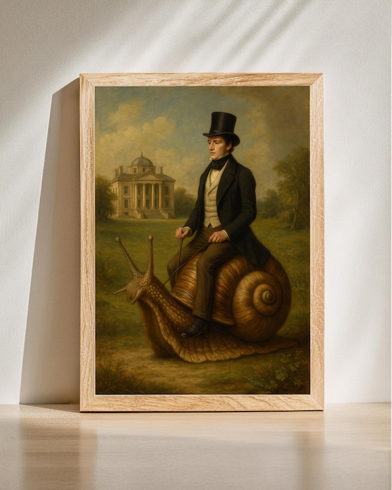 Regency Gentleman Riding Giant Snail Quirky Portrait Wall Art