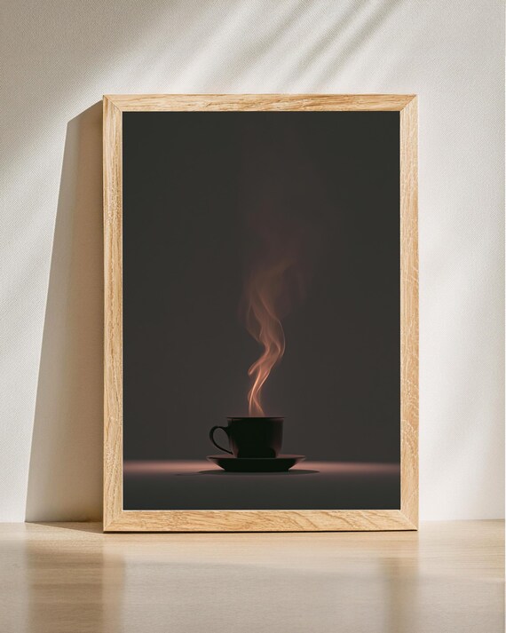 Steaming Hot Coffee Cup Silhouette Dark Minimalist Night Wall Art
