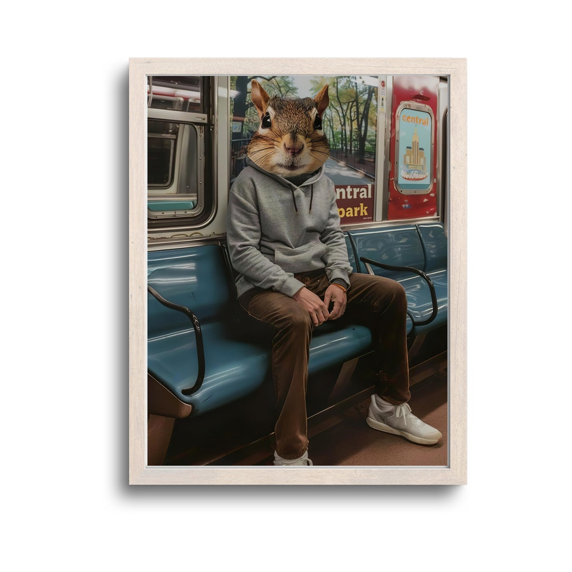 Squirrel Headed Commuter in Hoodie Central Park Subway Art Poster