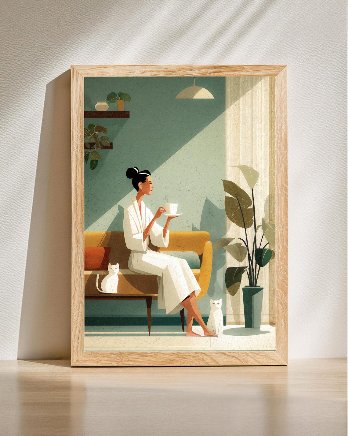 Woman Enjoying Coffee with Two Cats Retro Illustration Art Poster