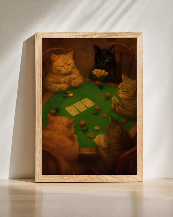 Funny Cat Poker Art Cats Playing Cards Print Vintage Poster Game Room Wall Lover Gift Man Cave Decor