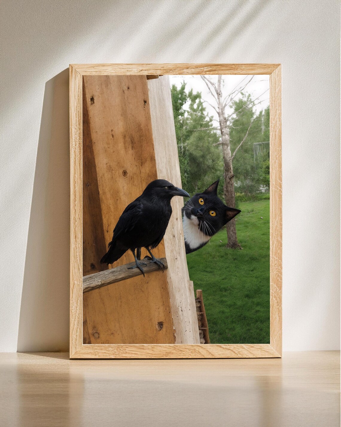 Funny Cat And Crow Friends Photo Humorous Animal Wall Poster