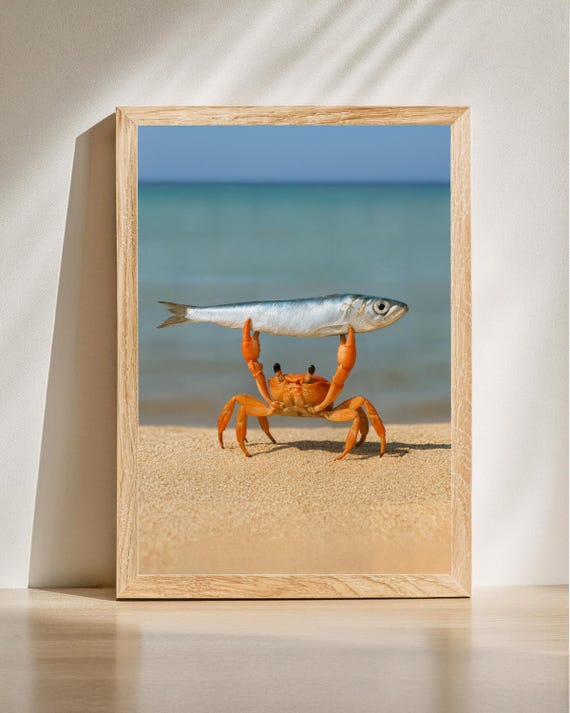 Funny Crab Lifting Fish Poster, Ocean Animal Humor