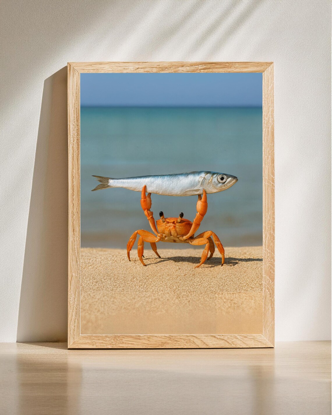 Funny Crab Lifting Fish Poster, Ocean Animal Humor