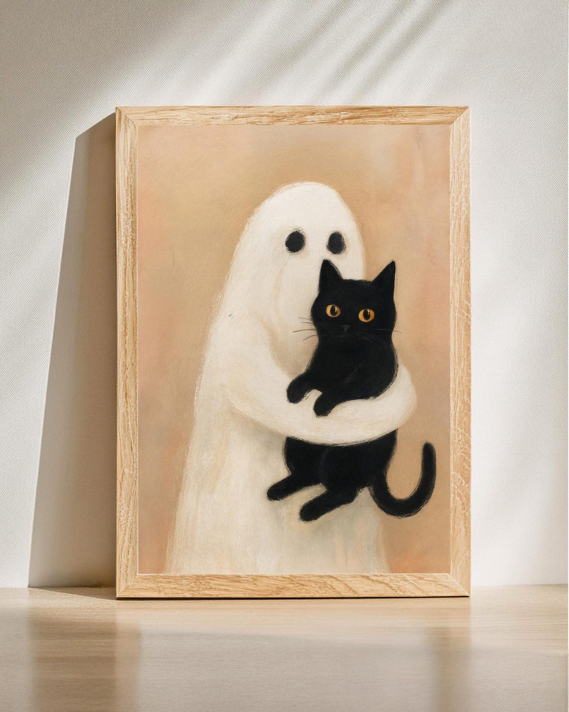 Adorable Ghost Hugging Black Cat Cute Halloween Spooky Art Poster
