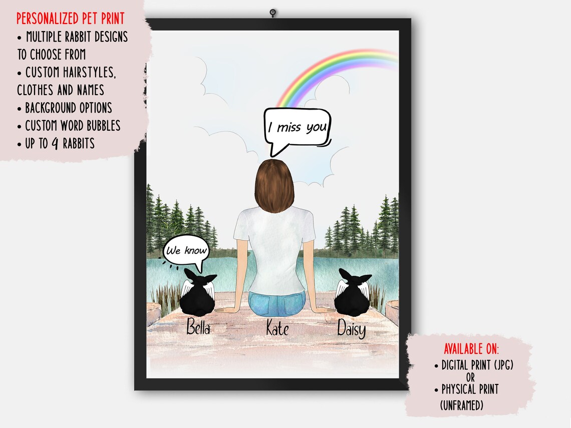 Personalized Rabbit Memorial Art Print, Custom Portrait