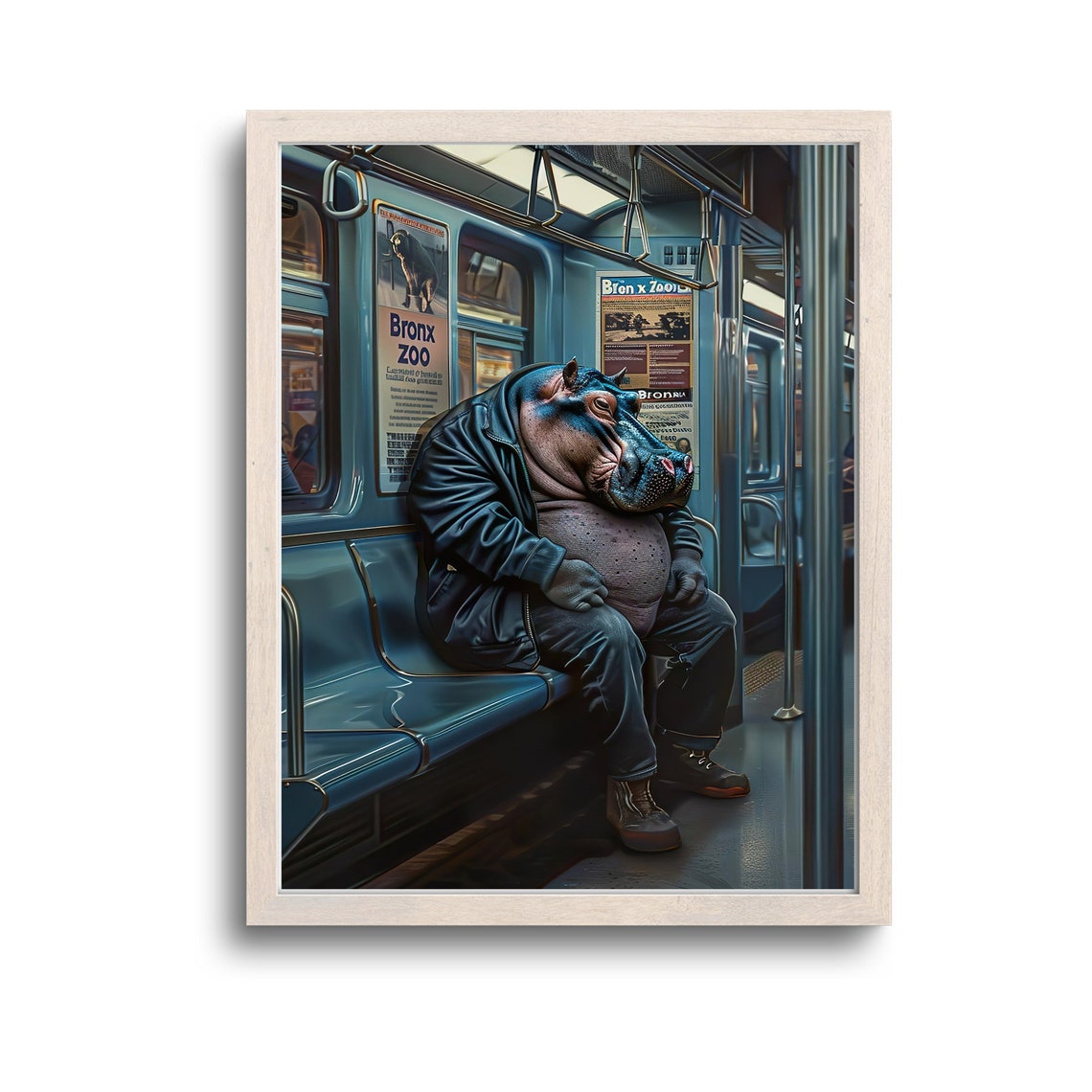 Hippo In Leather Jacket Subway Bronx Zoo Funny Animal Art Poster