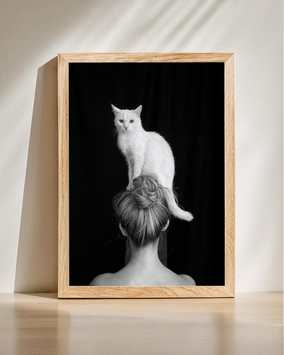 White Cat On Hair Bun Black And White Minimalist Photo Poster