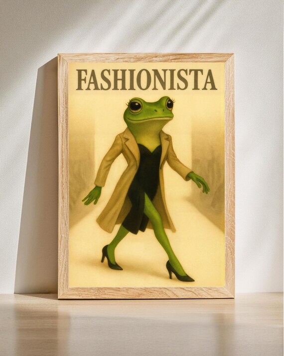Fashionista Frog Lady Trench Coat Retro Runway Style Art Poster