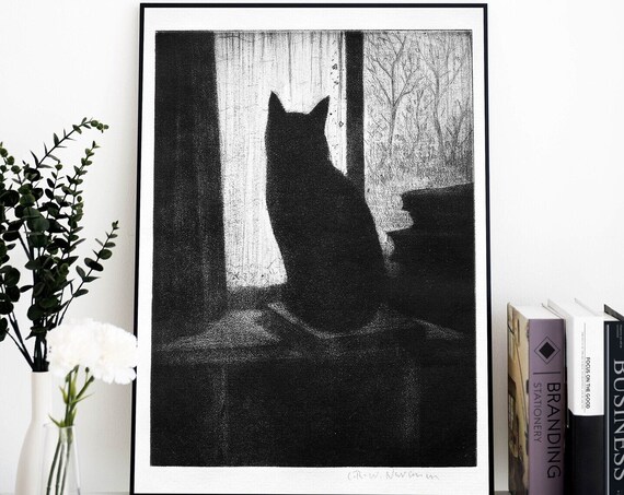 Black Cat Silhouette At Window Antique Mezzotint Etching Cat Art Poster